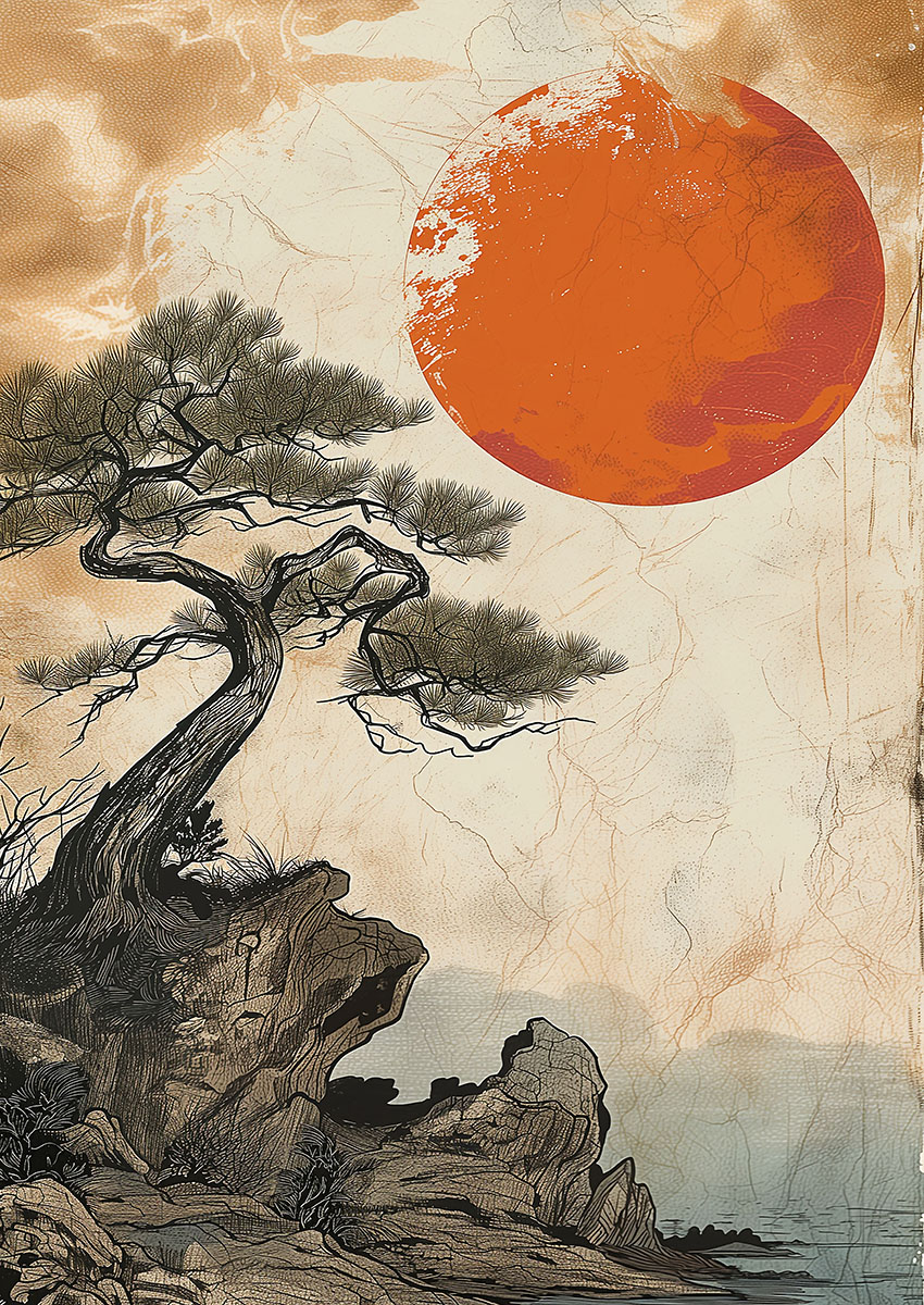 Dramatic artwork of a landscape featuring a traditional Japanese pine tree against a bold orange sun.